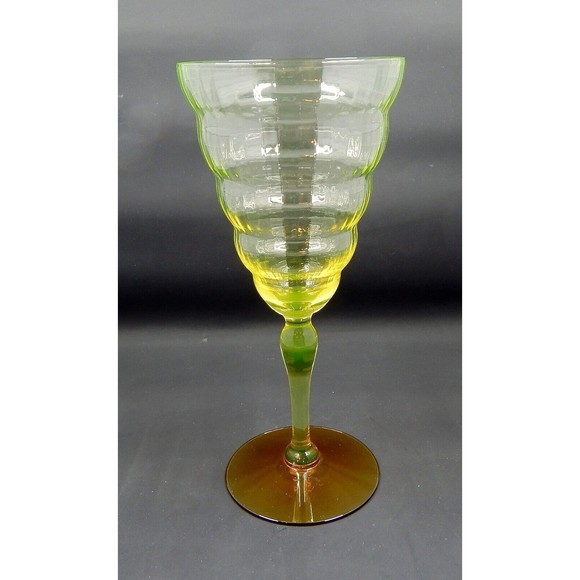 Utility Glass Works Cambodia Ware Vaseline Amber Foot Wine Water Goblet Pair 4 - Picture 4 of 15